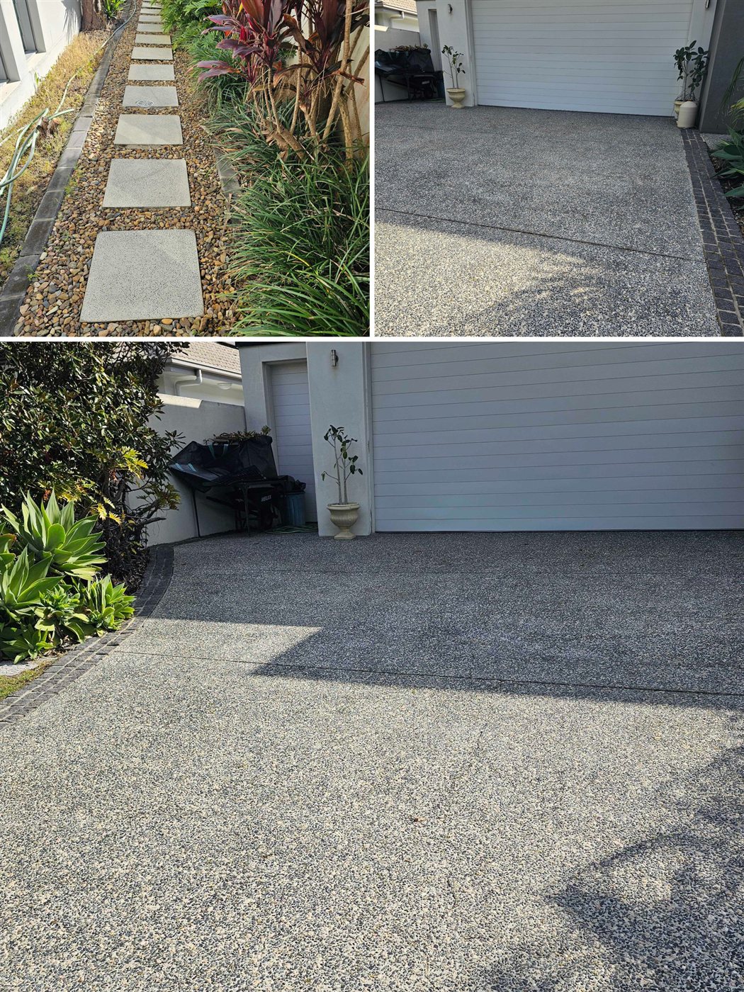 Bright, clean driveway and garden path after pressure washing
