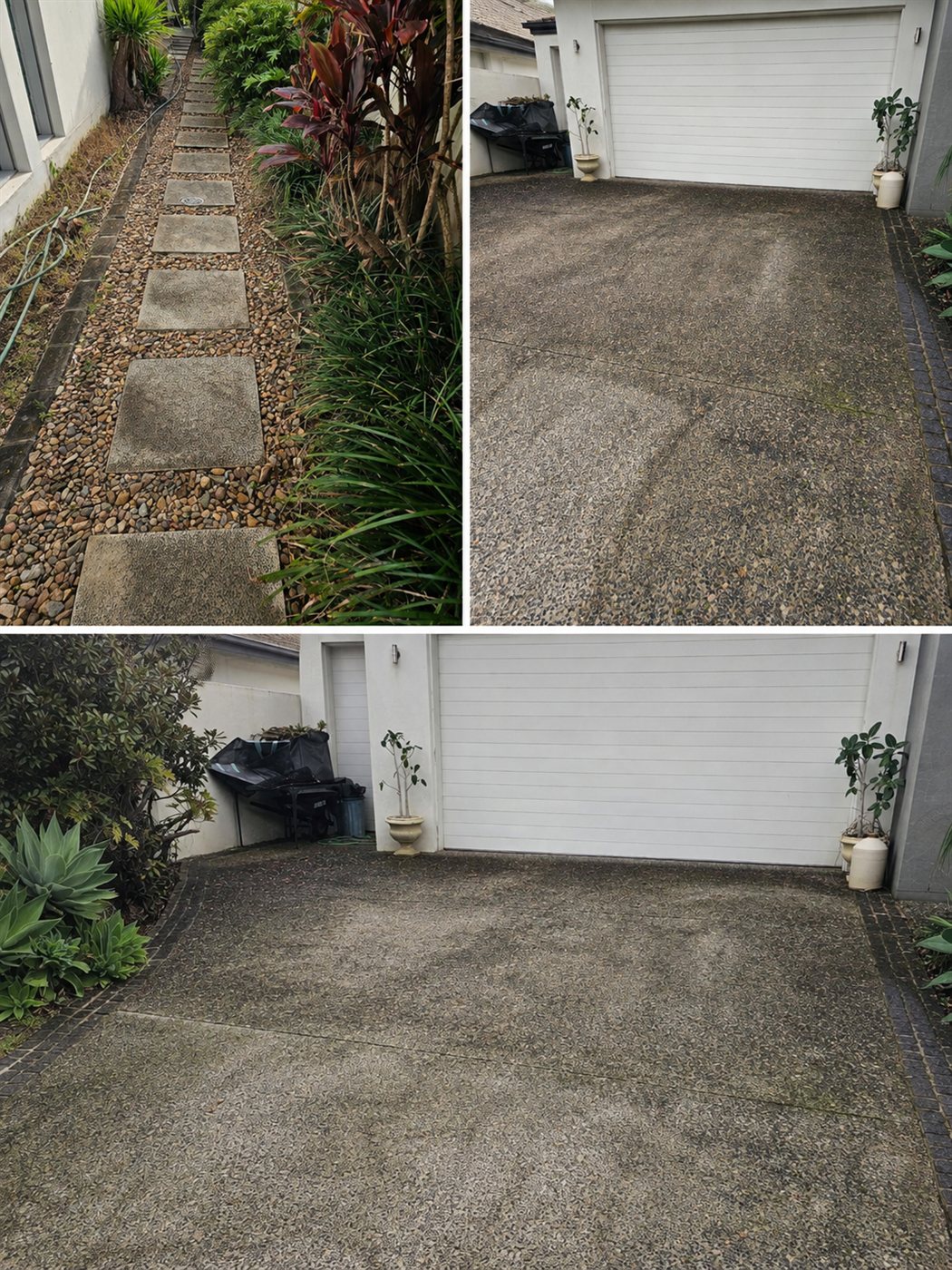 Grimy driveway and garden path before pressure washing