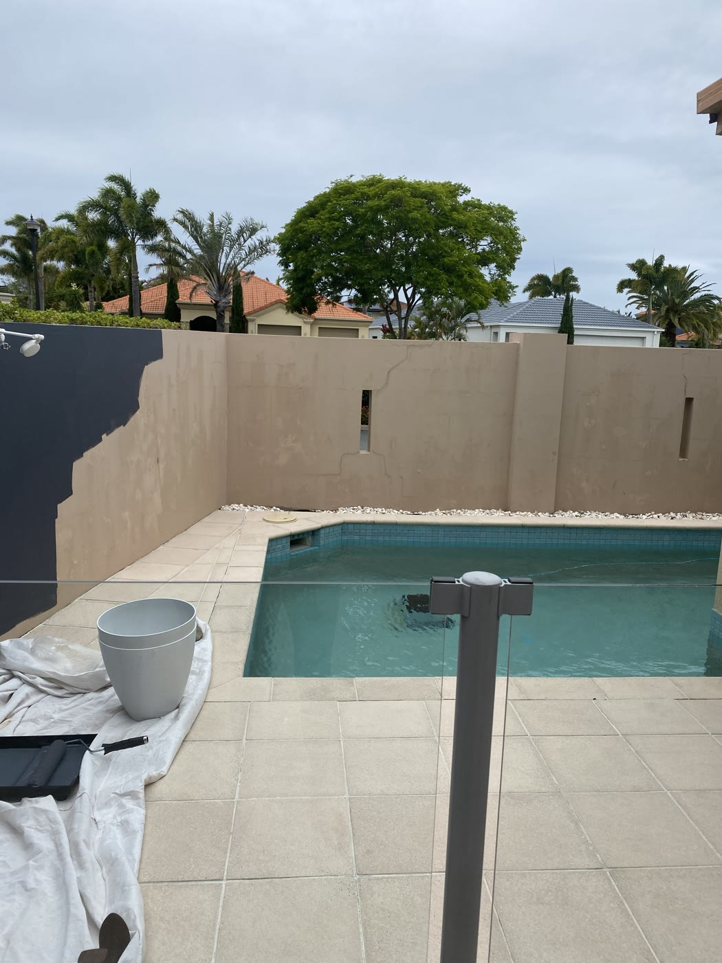 Rendered pool boundary wall before repainting
